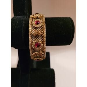 Gold Toned Estate Bracelet With Red Stones, Antique Look